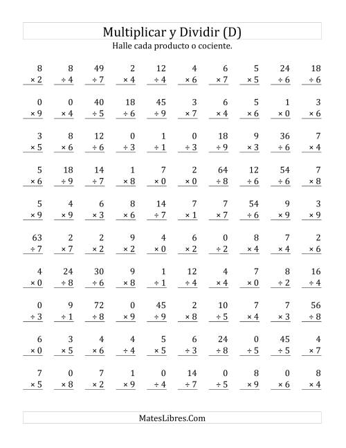 La hoja de ejercicios de Multiplicar y Dividir, Rango de 0 a 9 (D)