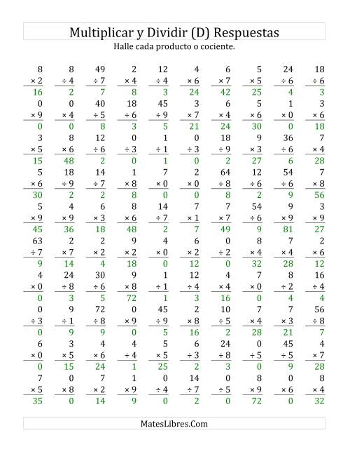 La hoja de ejercicios de Multiplicar y Dividir, Rango de 0 a 9 (D) Página 2