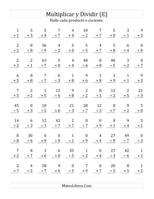 La hoja de ejercicios de Multiplicar y Dividir, Rango de 0 a 9 (E)