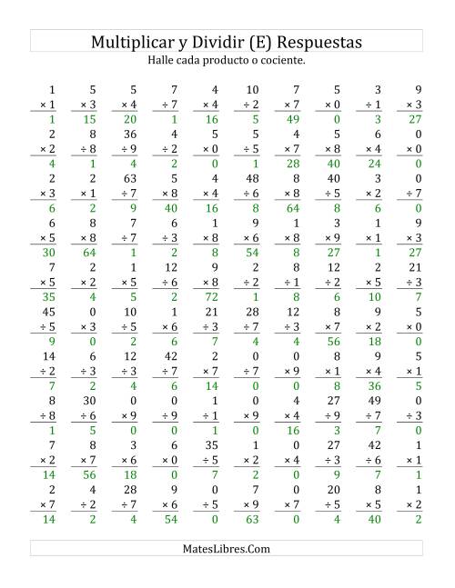 La hoja de ejercicios de Multiplicar y Dividir, Rango de 0 a 9 (E) Página 2