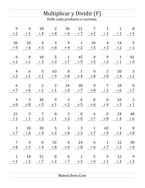 La hoja de ejercicios de Multiplicar y Dividir, Rango de 0 a 9 (F)