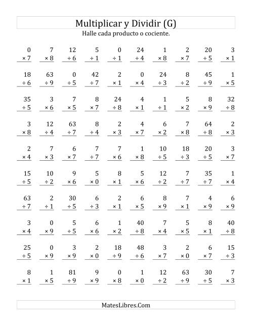 La hoja de ejercicios de Multiplicar y Dividir, Rango de 0 a 9 (G)