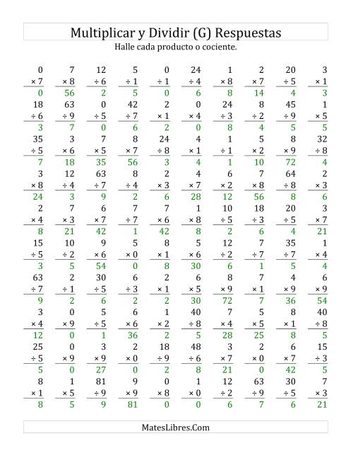 La hoja de ejercicios de Multiplicar y Dividir, Rango de 0 a 9 (G) Página 2