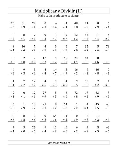 La hoja de ejercicios de Multiplicar y Dividir, Rango de 0 a 9 (H)