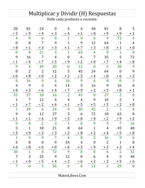 La hoja de ejercicios de Multiplicar y Dividir, Rango de 0 a 9 (H) Página 2