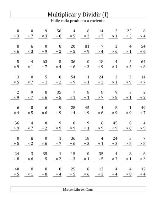 La hoja de ejercicios de Multiplicar y Dividir, Rango de 0 a 9 (I)