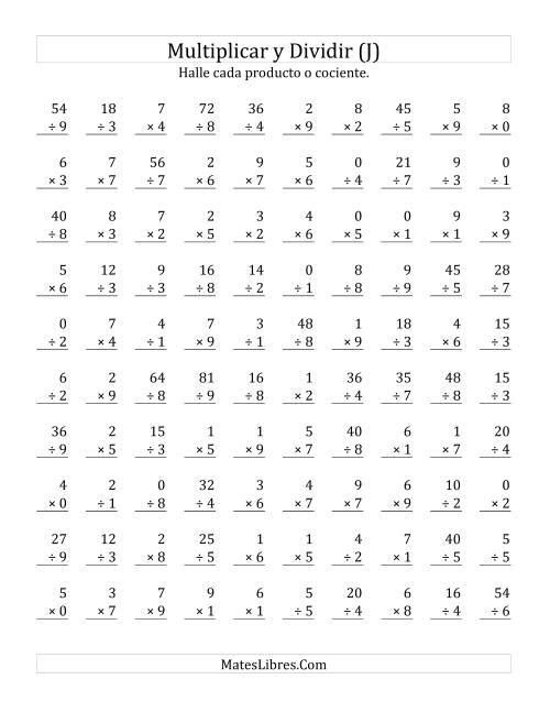 La hoja de ejercicios de Multiplicar y Dividir, Rango de 0 a 9 (J)