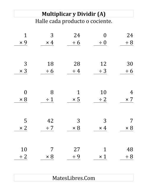 La hoja de ejercicios de Multiplicar y Dividir, Rango de 0 a 9 (Grande)