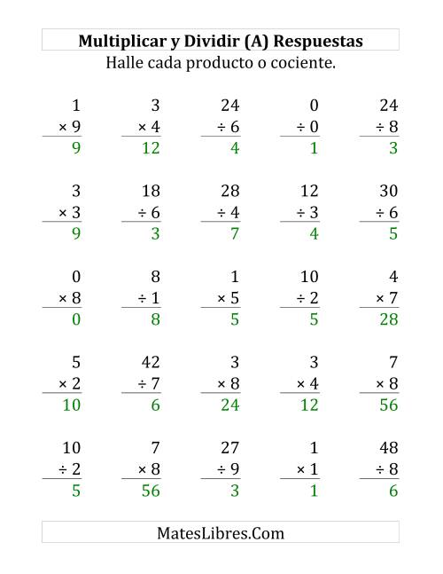 La hoja de ejercicios de Multiplicar y Dividir, Rango de 0 a 9 (Grande) Página 2