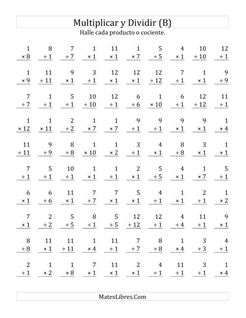 La hoja de ejercicios de Multiplicar y Dividir por 1 (B)