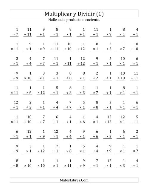 La hoja de ejercicios de Multiplicar y Dividir por 1 (C)