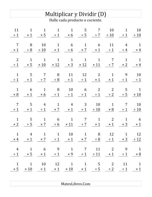 La hoja de ejercicios de Multiplicar y Dividir por 1 (D)