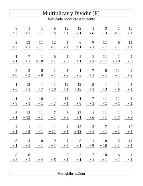 La hoja de ejercicios de Multiplicar y Dividir por 1 (E)