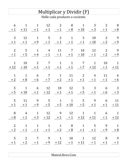 La hoja de ejercicios de Multiplicar y Dividir por 1 (F)