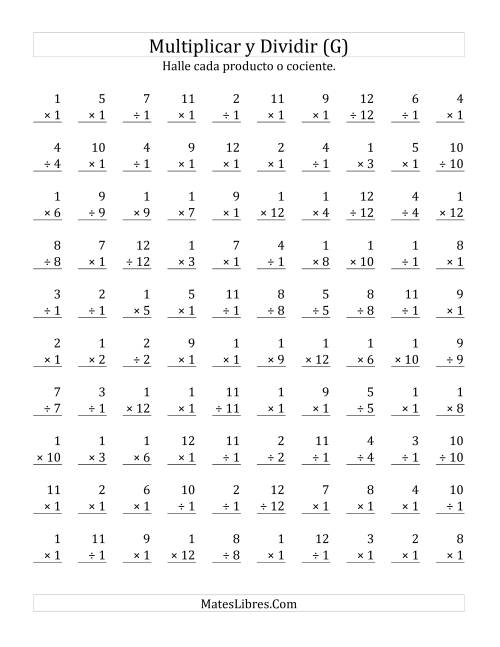 La hoja de ejercicios de Multiplicar y Dividir por 1 (G)