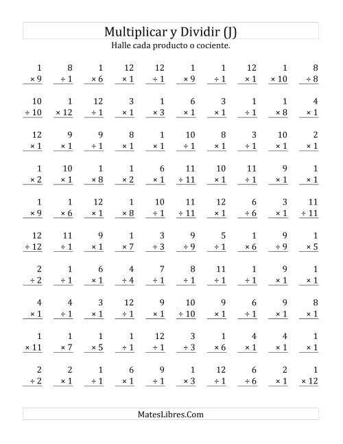 La hoja de ejercicios de Multiplicar y Dividir por 1 (J)
