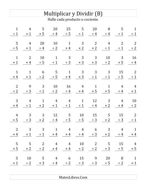 La hoja de ejercicios de Multiplicar y Dividir, Rango de 1 a 5 (B)