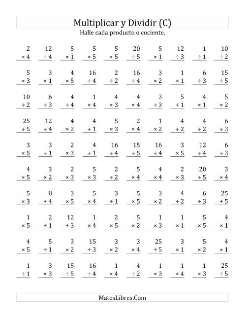 La hoja de ejercicios de Multiplicar y Dividir, Rango de 1 a 5 (C)