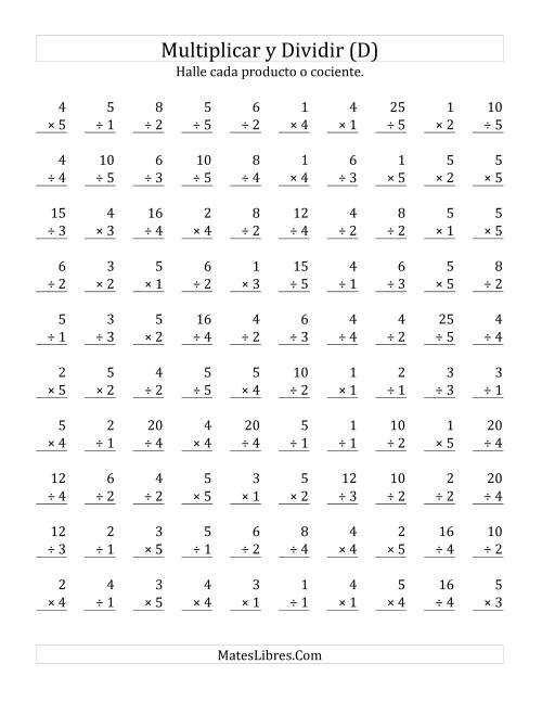 La hoja de ejercicios de Multiplicar y Dividir, Rango de 1 a 5 (D)