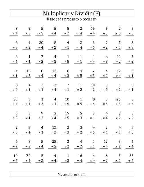 La hoja de ejercicios de Multiplicar y Dividir, Rango de 1 a 5 (F)