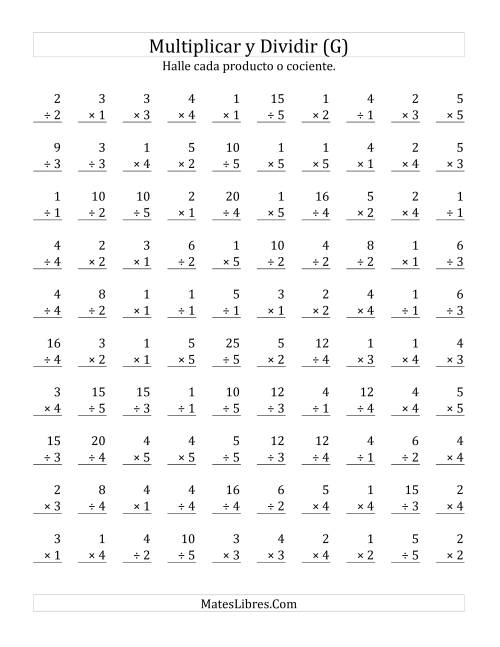La hoja de ejercicios de Multiplicar y Dividir, Rango de 1 a 5 (G)