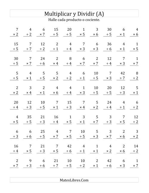 La hoja de ejercicios de Multiplicar y Dividir, Rango de 1 a 7 (A)