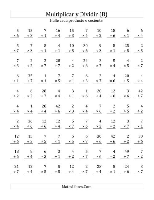 La hoja de ejercicios de Multiplicar y Dividir, Rango de 1 a 7 (B)