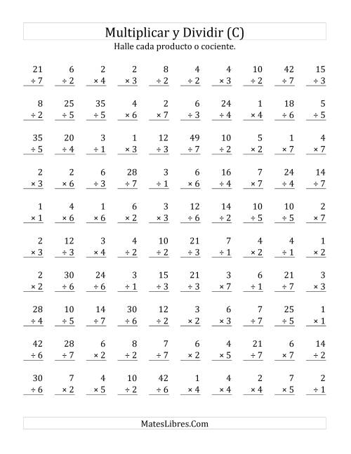 La hoja de ejercicios de Multiplicar y Dividir, Rango de 1 a 7 (C)