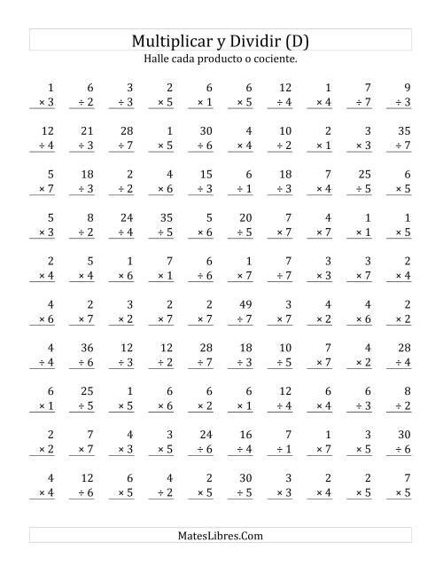 La hoja de ejercicios de Multiplicar y Dividir, Rango de 1 a 7 (D)