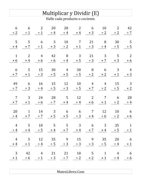 La hoja de ejercicios de Multiplicar y Dividir, Rango de 1 a 7 (E)