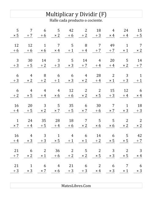 La hoja de ejercicios de Multiplicar y Dividir, Rango de 1 a 7 (F)
