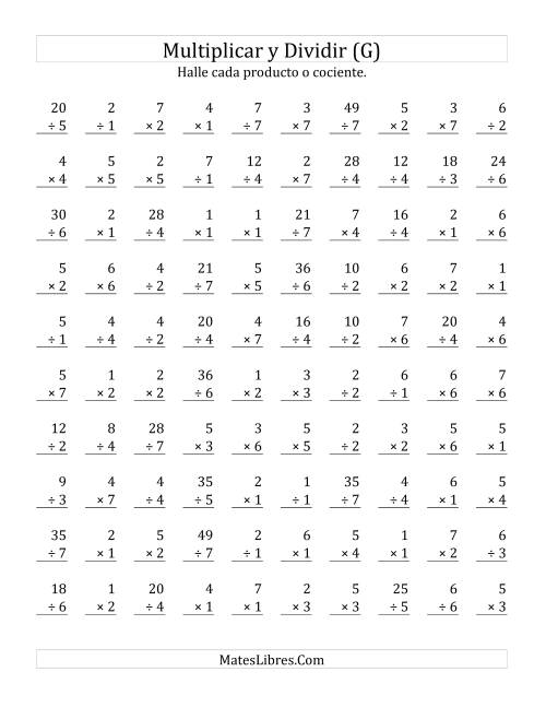 La hoja de ejercicios de Multiplicar y Dividir, Rango de 1 a 7 (G)
