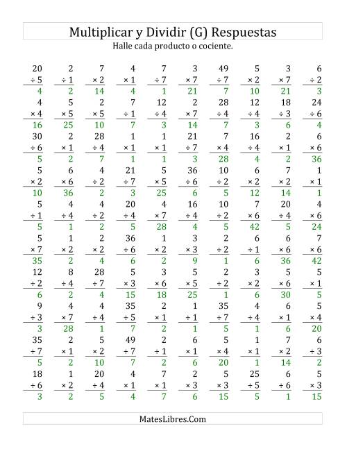 La hoja de ejercicios de Multiplicar y Dividir, Rango de 1 a 7 (G) Página 2