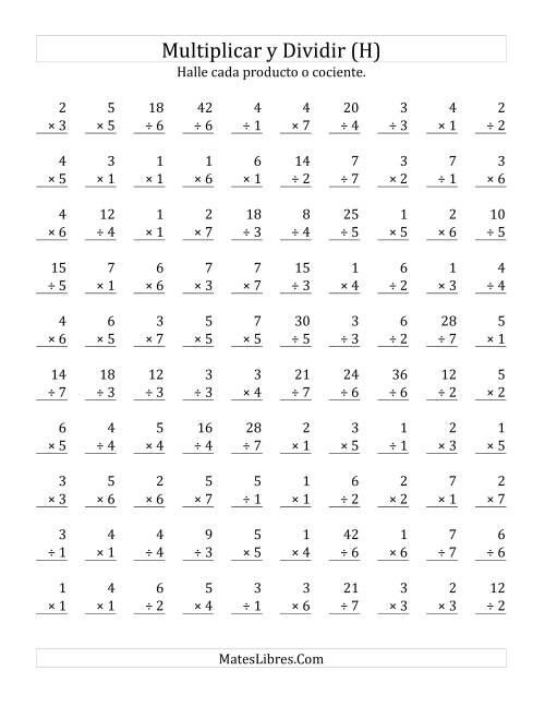 La hoja de ejercicios de Multiplicar y Dividir, Rango de 1 a 7 (H)