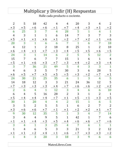 La hoja de ejercicios de Multiplicar y Dividir, Rango de 1 a 7 (H) Página 2
