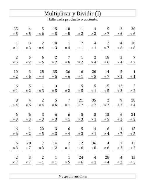 La hoja de ejercicios de Multiplicar y Dividir, Rango de 1 a 7 (I)