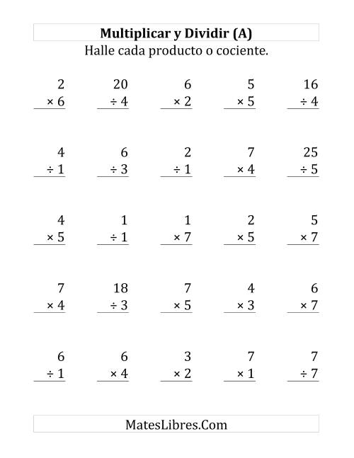 La hoja de ejercicios de Multiplicar y Dividir, Rango de 1 a 7 (Grande)