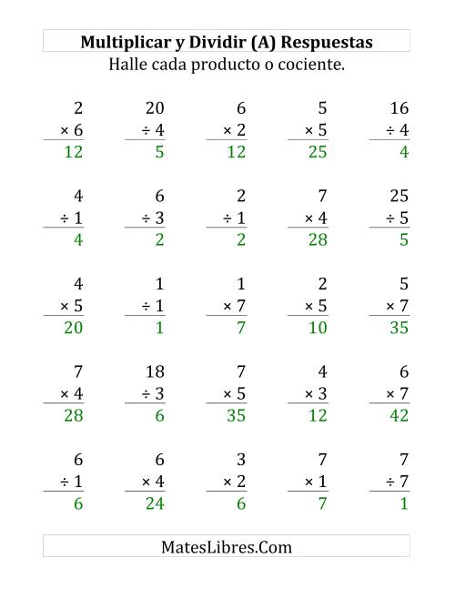 La hoja de ejercicios de Multiplicar y Dividir, Rango de 1 a 7 (Grande) Página 2