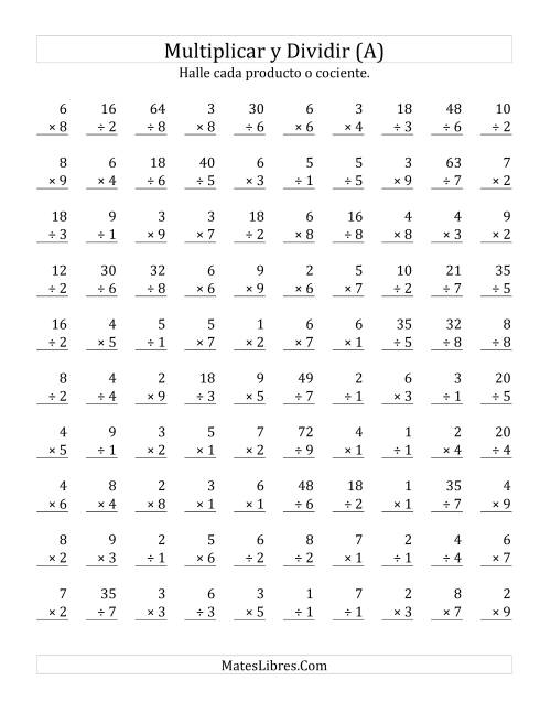 La hoja de ejercicios de Multiplicar y Dividir, Rango de 1 a 9 (A)