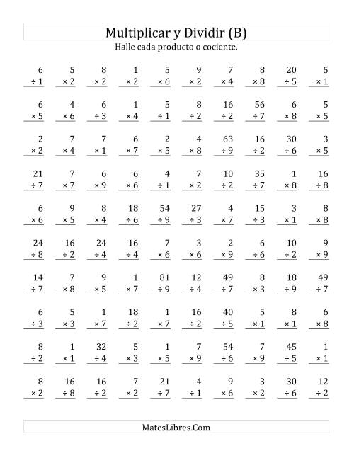 La hoja de ejercicios de Multiplicar y Dividir, Rango de 1 a 9 (B)