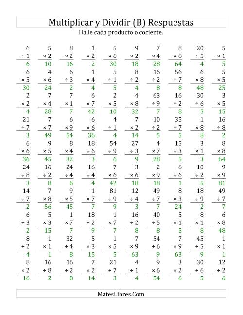 La hoja de ejercicios de Multiplicar y Dividir, Rango de 1 a 9 (B) Página 2
