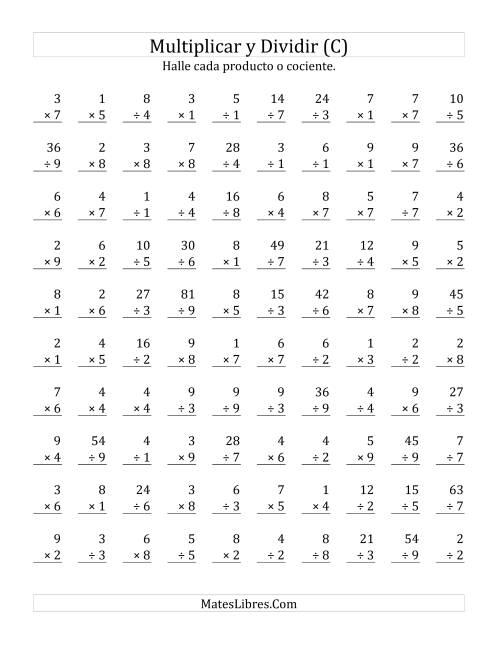 La hoja de ejercicios de Multiplicar y Dividir, Rango de 1 a 9 (C)