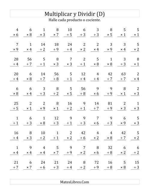 La hoja de ejercicios de Multiplicar y Dividir, Rango de 1 a 9 (D)