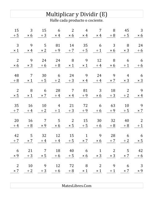 La hoja de ejercicios de Multiplicar y Dividir, Rango de 1 a 9 (E)