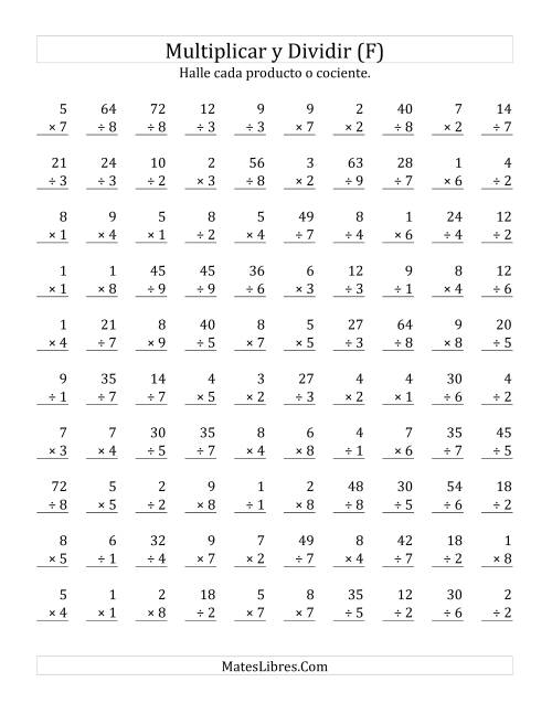 La hoja de ejercicios de Multiplicar y Dividir, Rango de 1 a 9 (F)