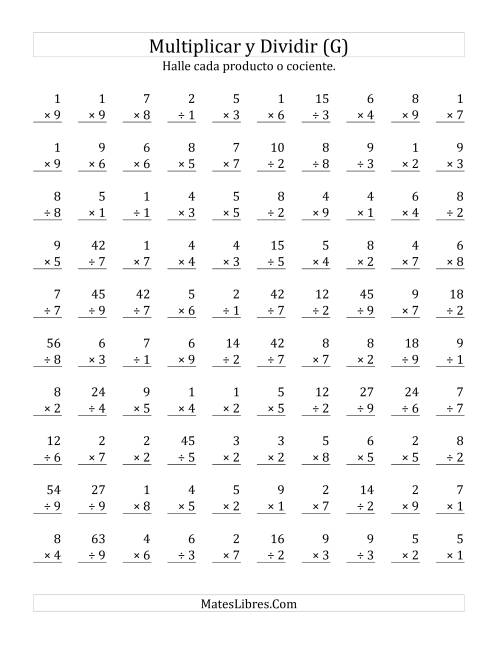 La hoja de ejercicios de Multiplicar y Dividir, Rango de 1 a 9 (G)