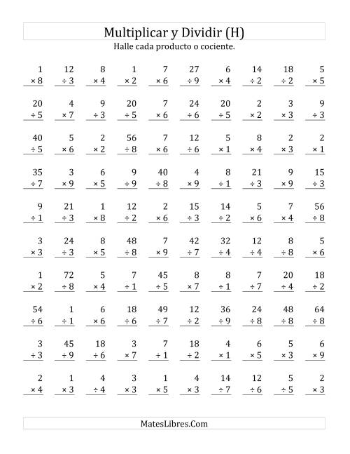 La hoja de ejercicios de Multiplicar y Dividir, Rango de 1 a 9 (H)