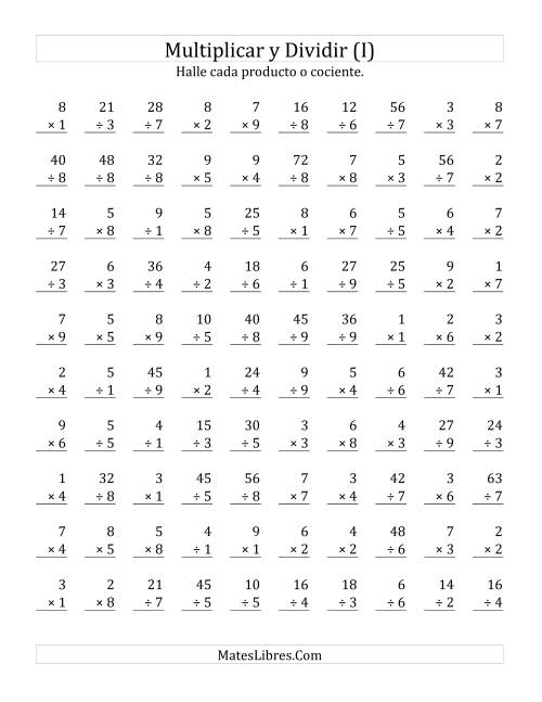 La hoja de ejercicios de Multiplicar y Dividir, Rango de 1 a 9 (I)