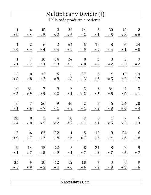 La hoja de ejercicios de Multiplicar y Dividir, Rango de 1 a 9 (J)