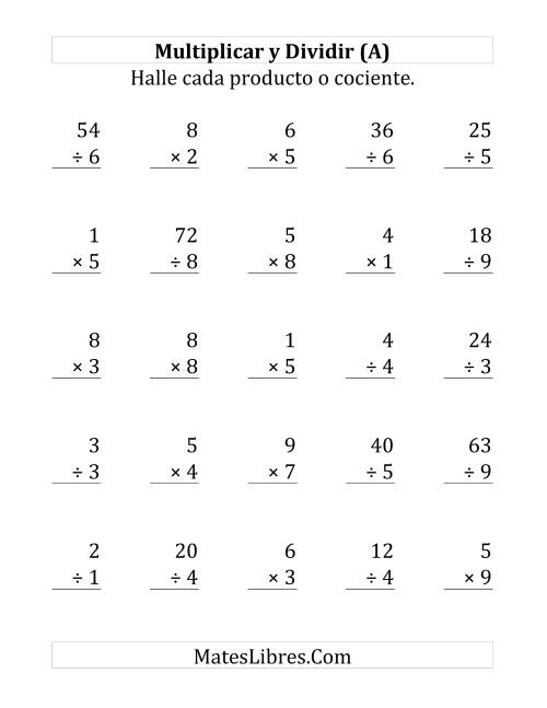 La hoja de ejercicios de Multiplicar y Dividir, Rango de 1 a 9 (Grande)